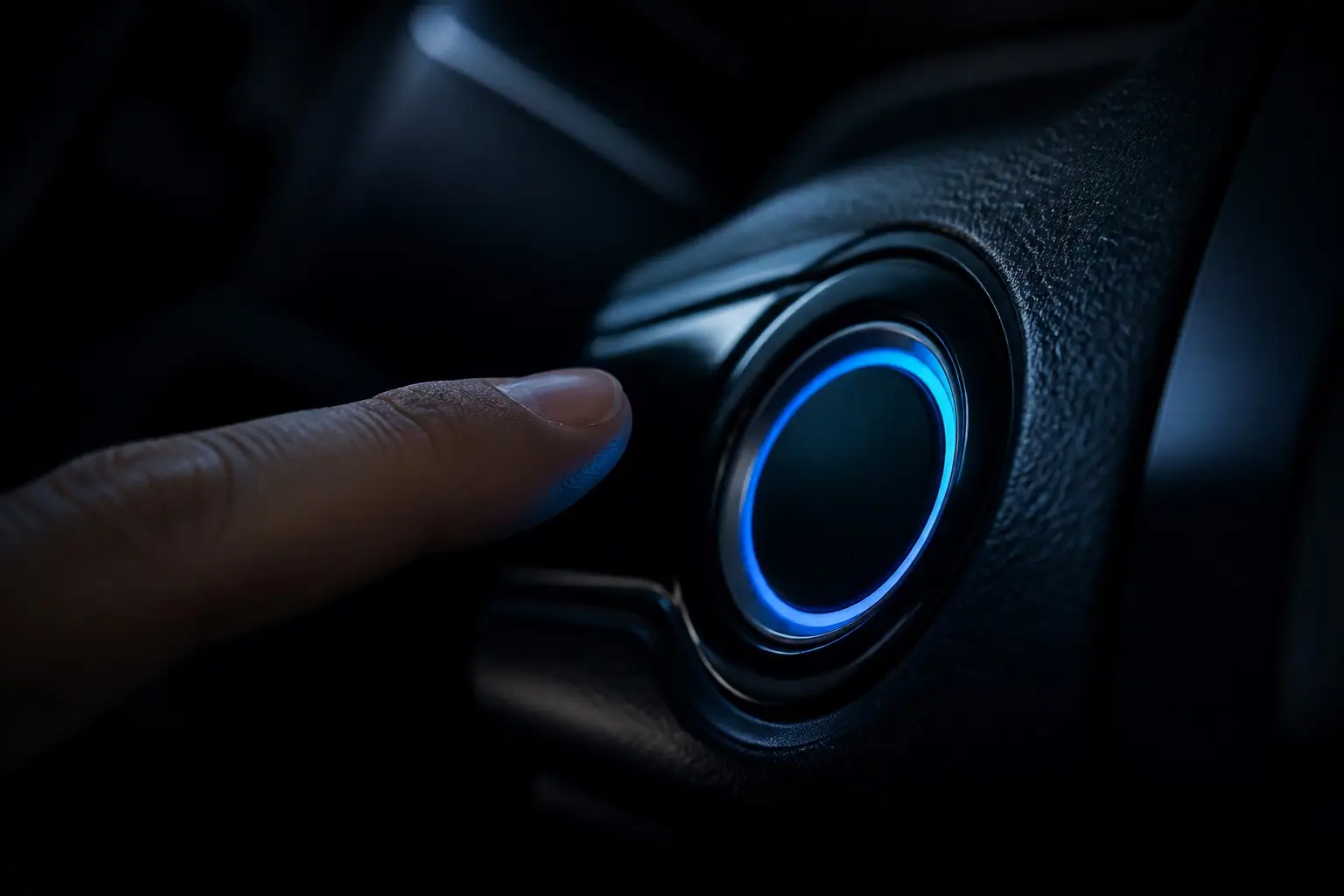 Pulsante di avviamento di un'auto moderna retroilluminato di blu nel buio dell'abitacolo