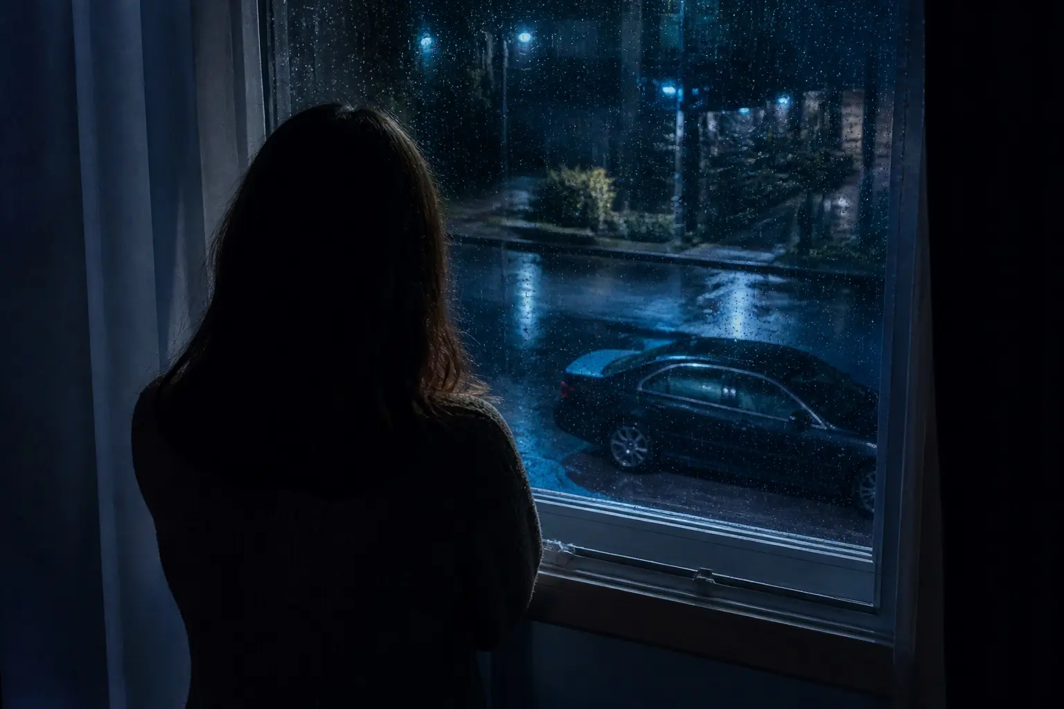 Persona alla finestra di notte che guarda la propria auto parcheggiata in strada sotto la pioggia