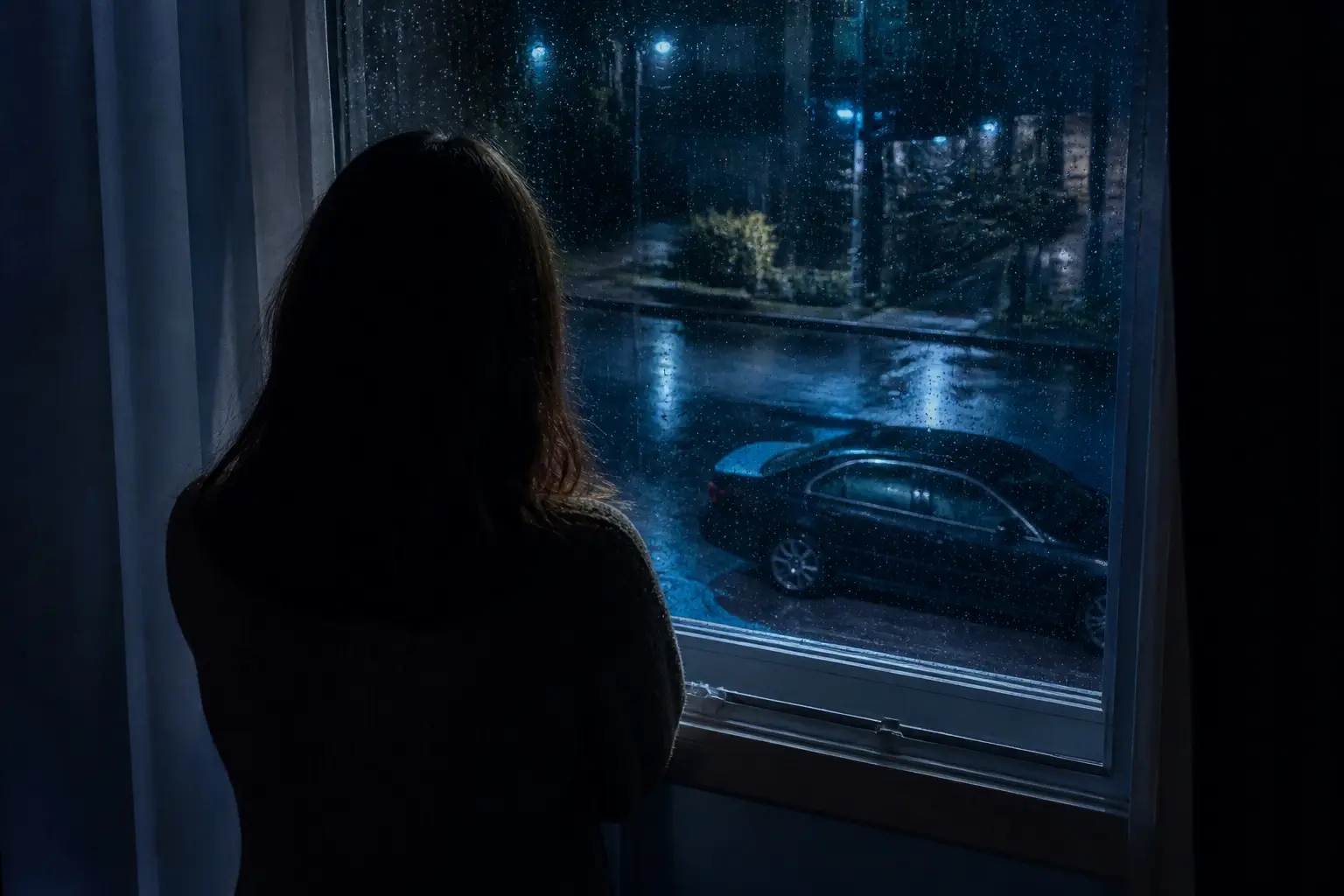 Persona alla finestra di notte che guarda la propria auto parcheggiata in strada sotto la pioggia