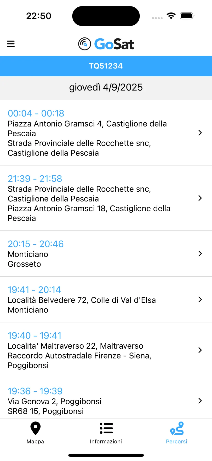 App GoSat — Storico percorsi