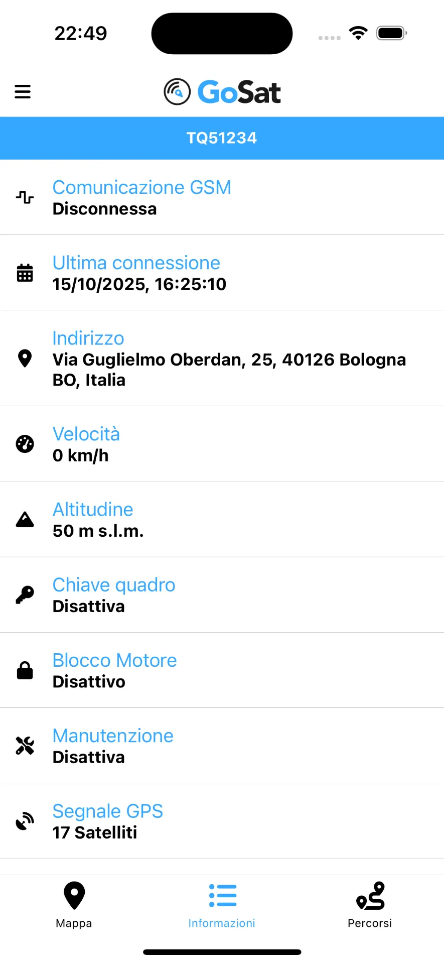 App GoSat — Stato del veicolo