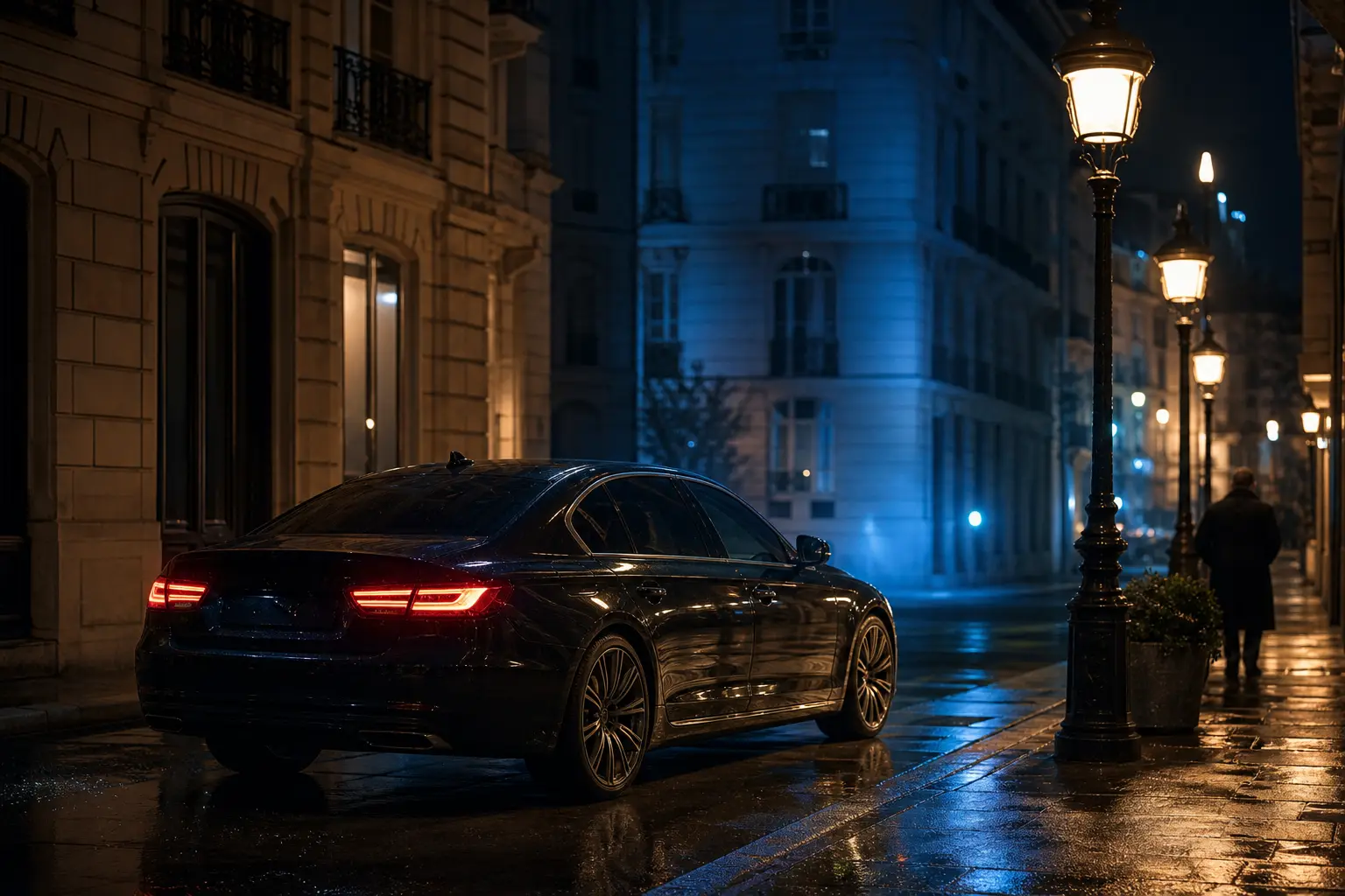 Un’auto di notte in strada, connessa e sotto sorveglianza satellitare