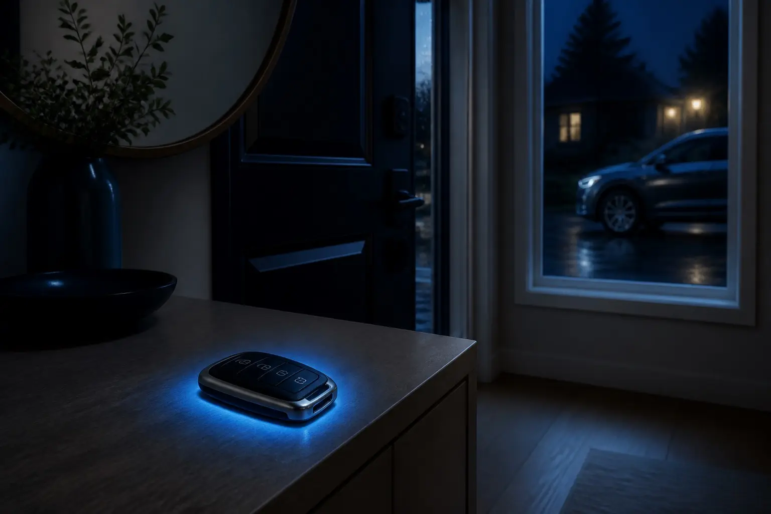 Chiave keyless appoggiata su un mobile all'ingresso di casa di notte, con l'auto visibile fuori dalla finestra