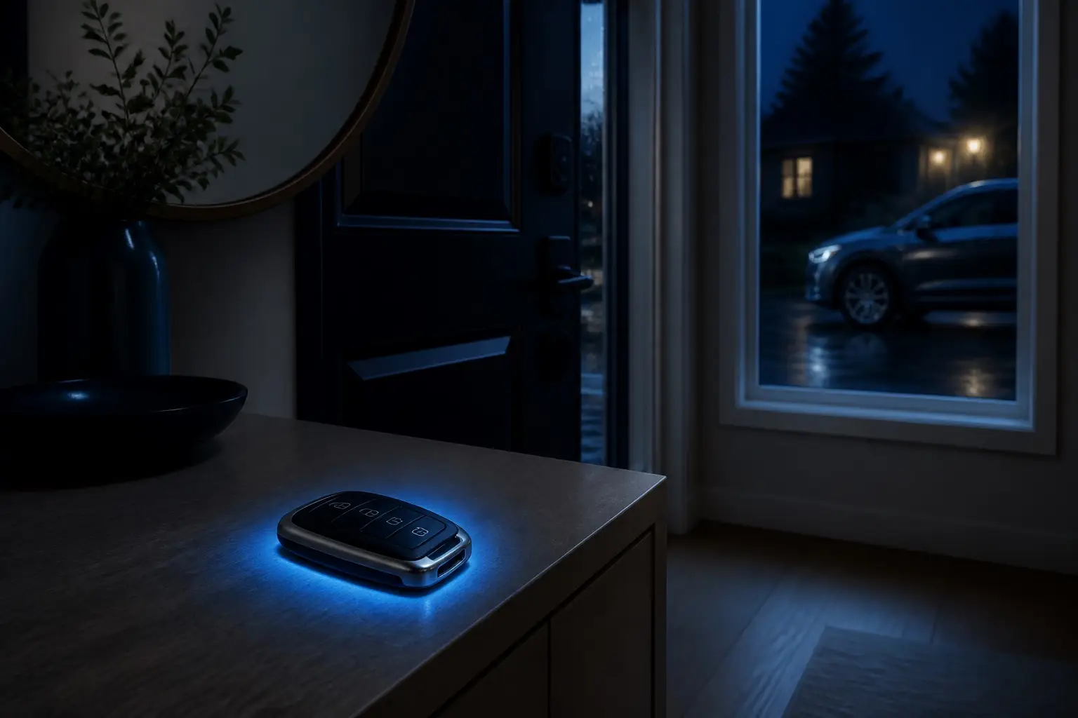Chiave keyless appoggiata su un mobile all'ingresso di casa di notte, con l'auto visibile fuori dalla finestra