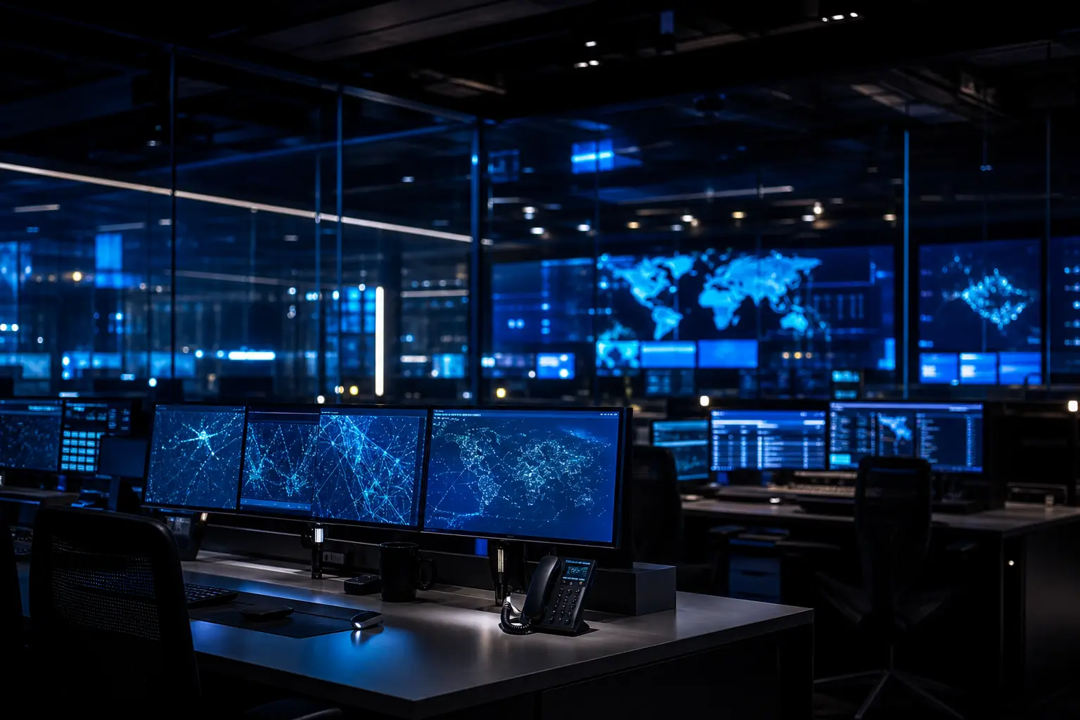 Il centro operativo del gruppo Tech.Ser di notte: schermi con mappe e telemetria, superfici scure e luce blu