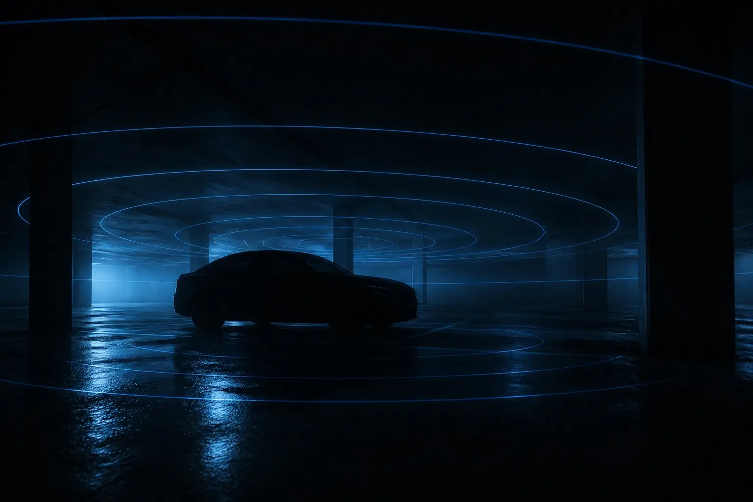 Auto in un parcheggio sotterraneo buio avvolta da onde concentriche luminose che evocano un'interferenza radio
