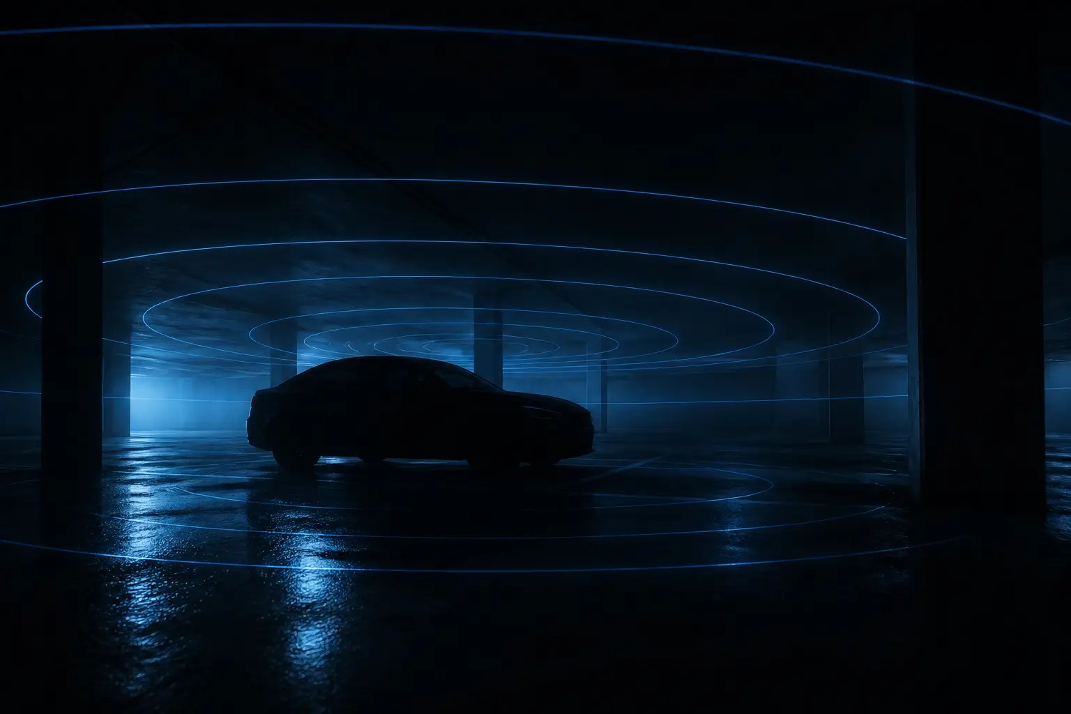 Auto in un parcheggio sotterraneo buio avvolta da onde concentriche luminose che evocano un'interferenza radio