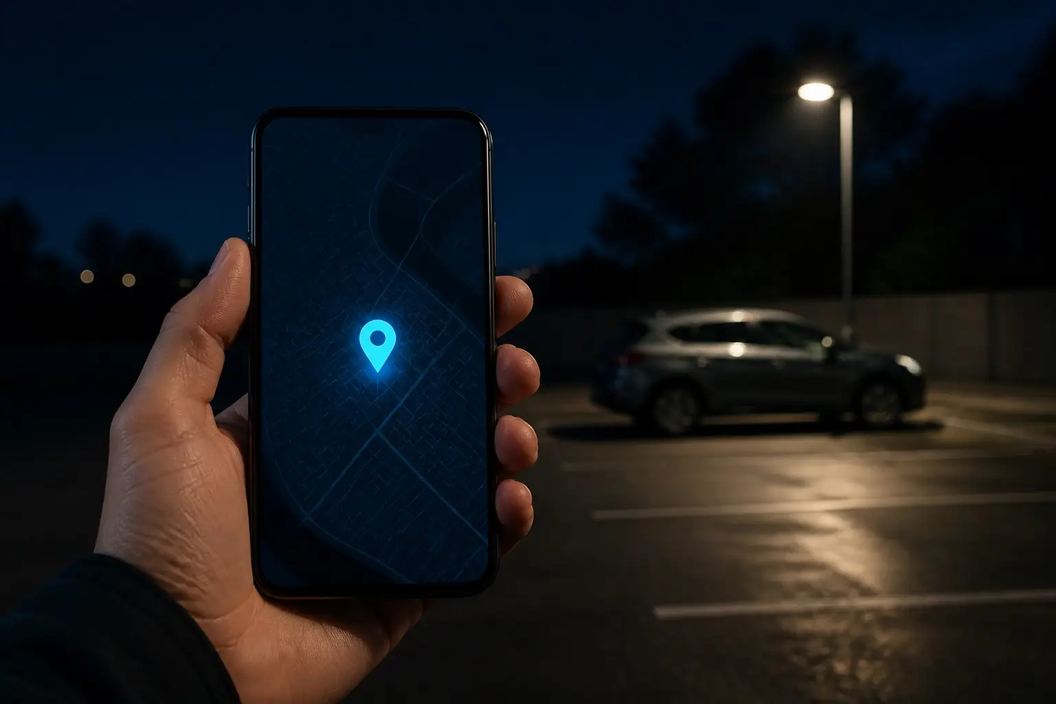 Mano con uno smartphone che mostra una mappa notturna con un pin luminoso, auto sfocata sullo sfondo