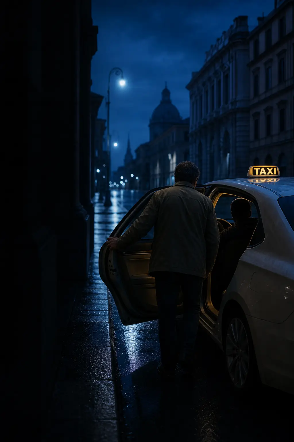 Di notte, una persona sale su un taxi dall'abitacolo illuminato: dopo il furto la mobilità non si ferma