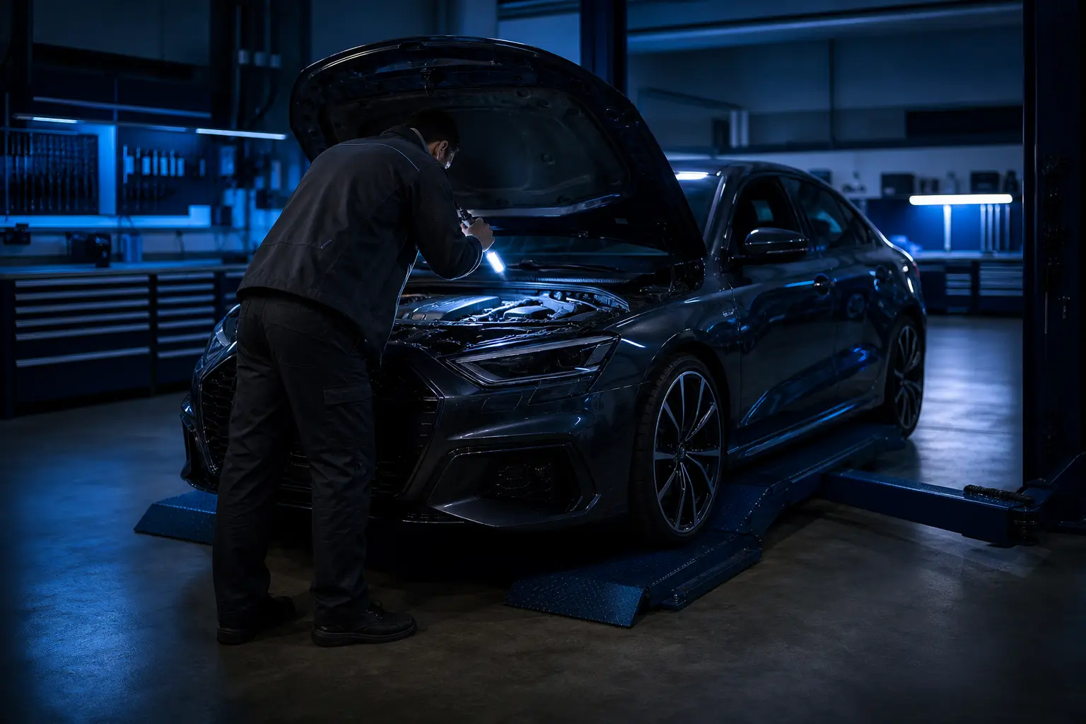 Un tecnico GoSat Lab™ ispeziona il vano motore di un'auto in officina, alla luce blu dei LED