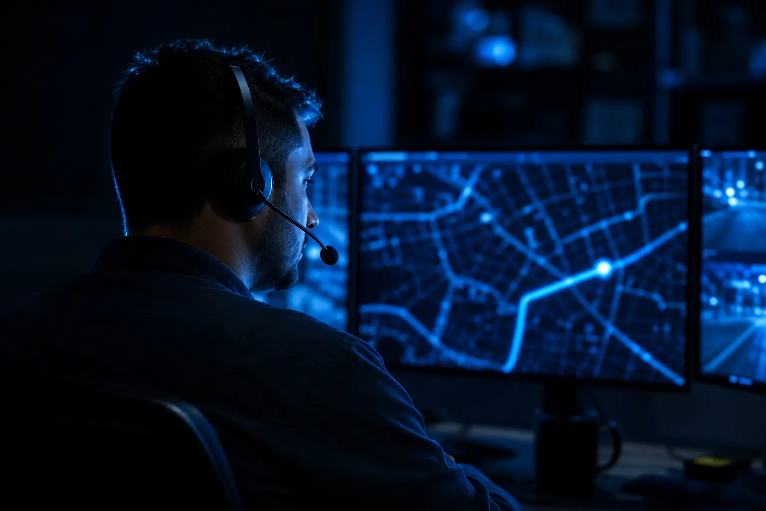 Un operatore della centrale GoSat con cuffia, di notte, davanti alla mappa del veicolo