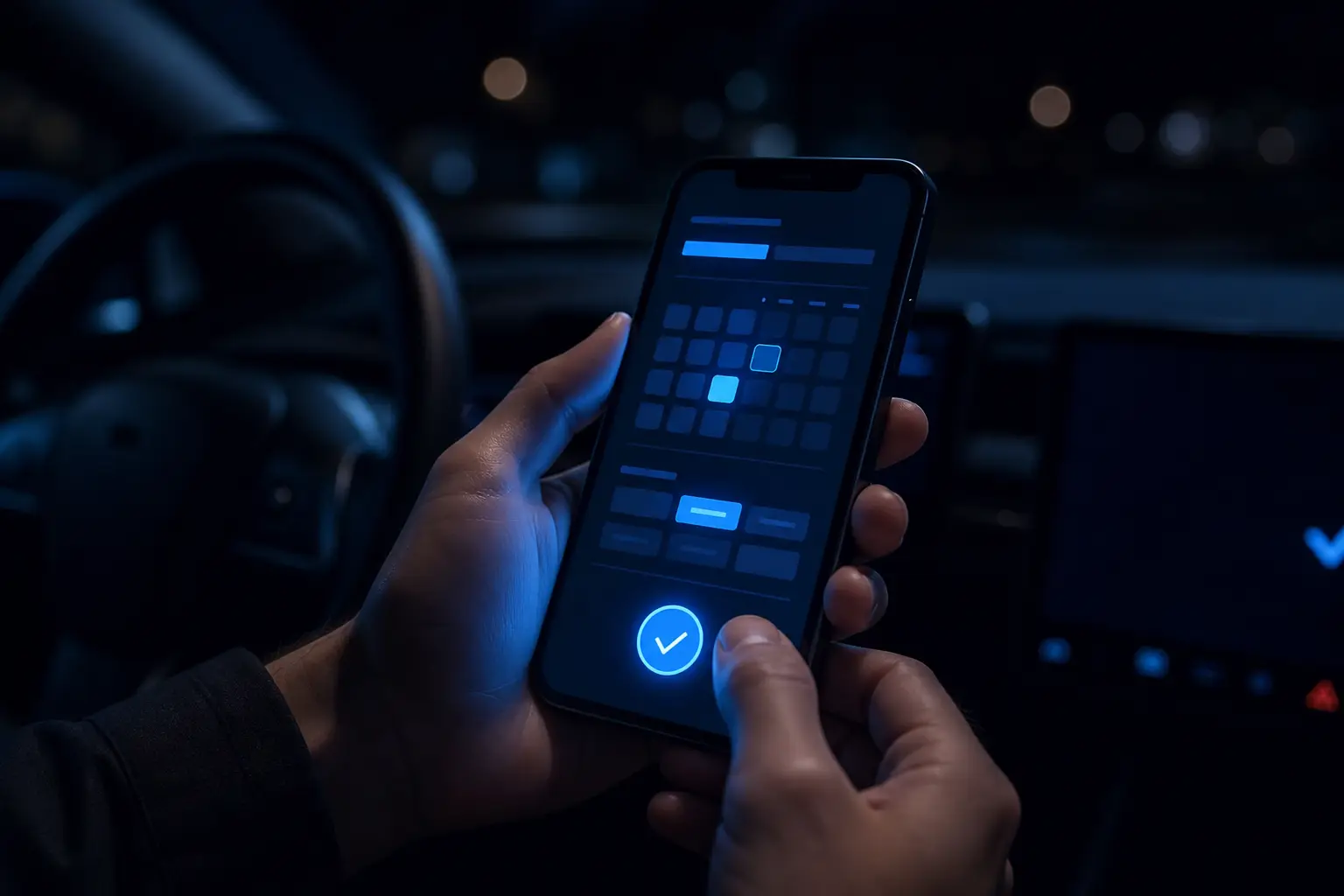 Prenotazione dell’installazione dallo smartphone, di notte in auto, con conferma blu