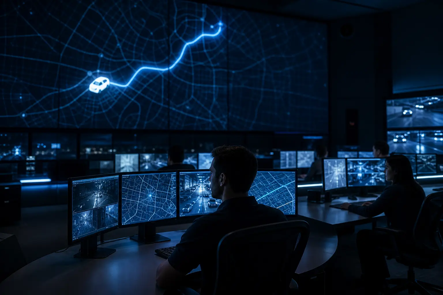 La centrale operativa GoSat di notte: operatori ai monitor con la mappa di un veicolo tracciato