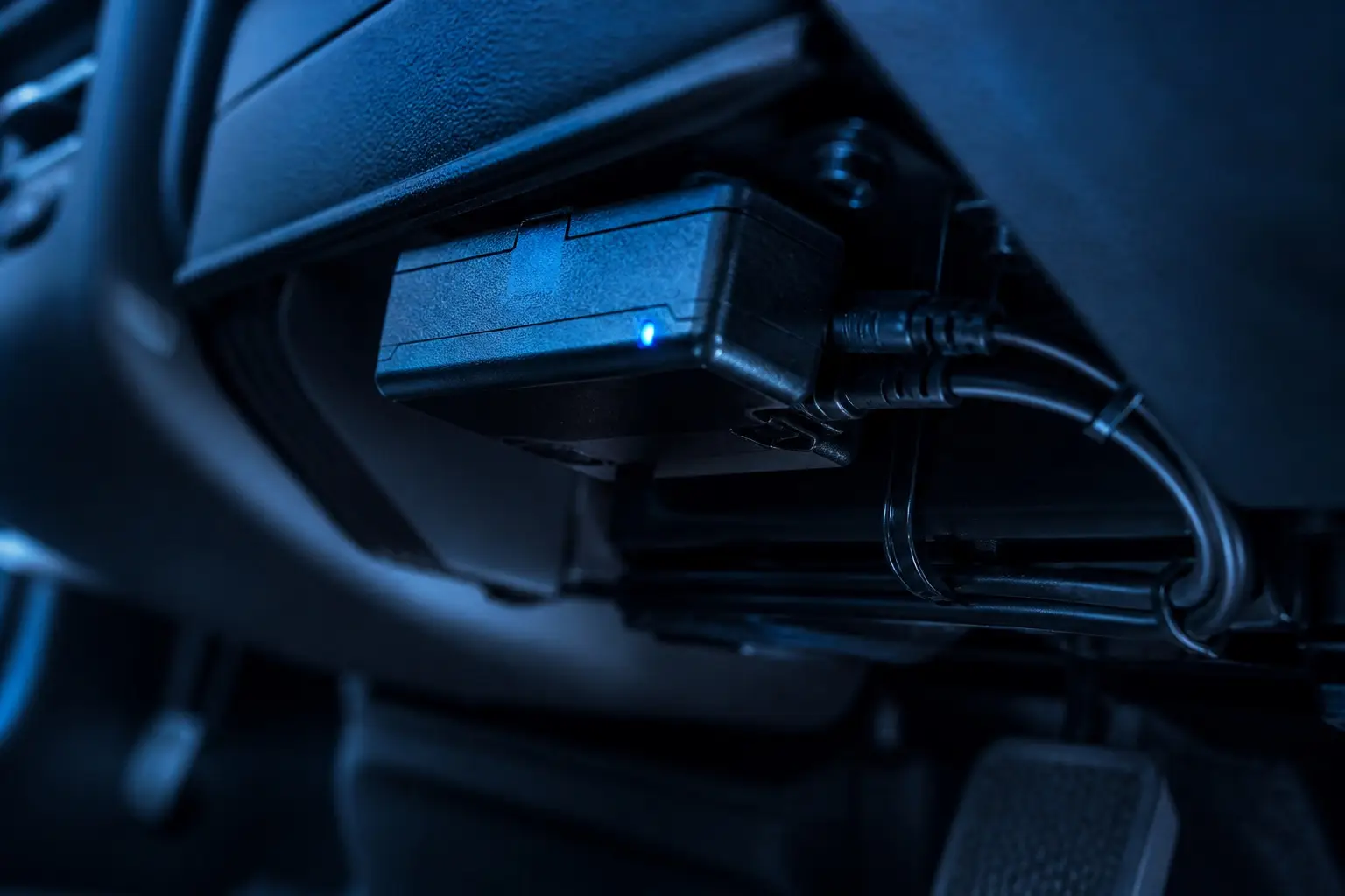 Scatola nera telematica installata sotto il cruscotto di un'auto, illuminata da luce blu