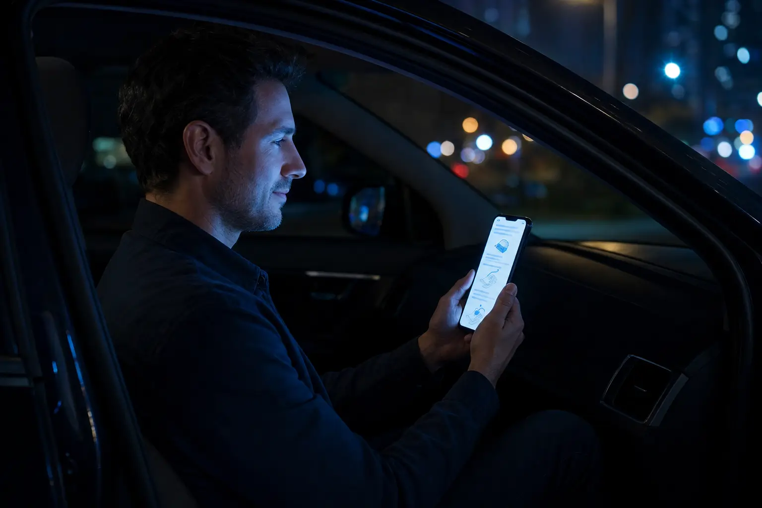 Una persona seduta in auto la sera segue la guida illustrata sullo schermo del telefono